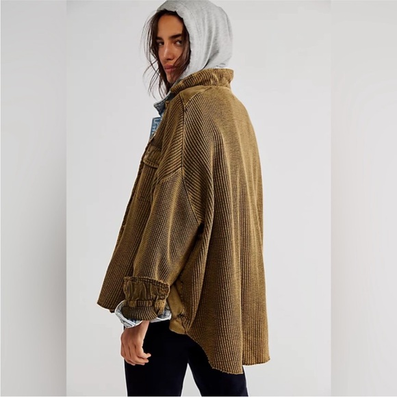 FP One Free People Scout Jacket Shacket Oversized Waffle Knit Green Thermal M - Picture 2 of 9